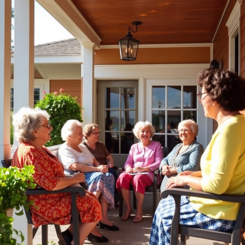 Residents and a caregiver chatting on a community porch
