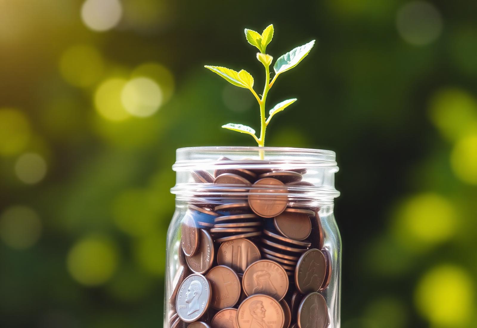 Elder hands held by younger hands beside a jar of coins with a growing sprout